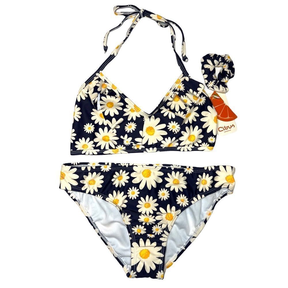 Citrus Swim Girls Navy Blue Daisy Print Bikini Scrunchie Set Size 16